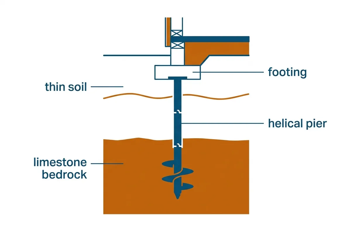 Diagram of a helical pier screwed through thin Ozark soil into limestone bedrock