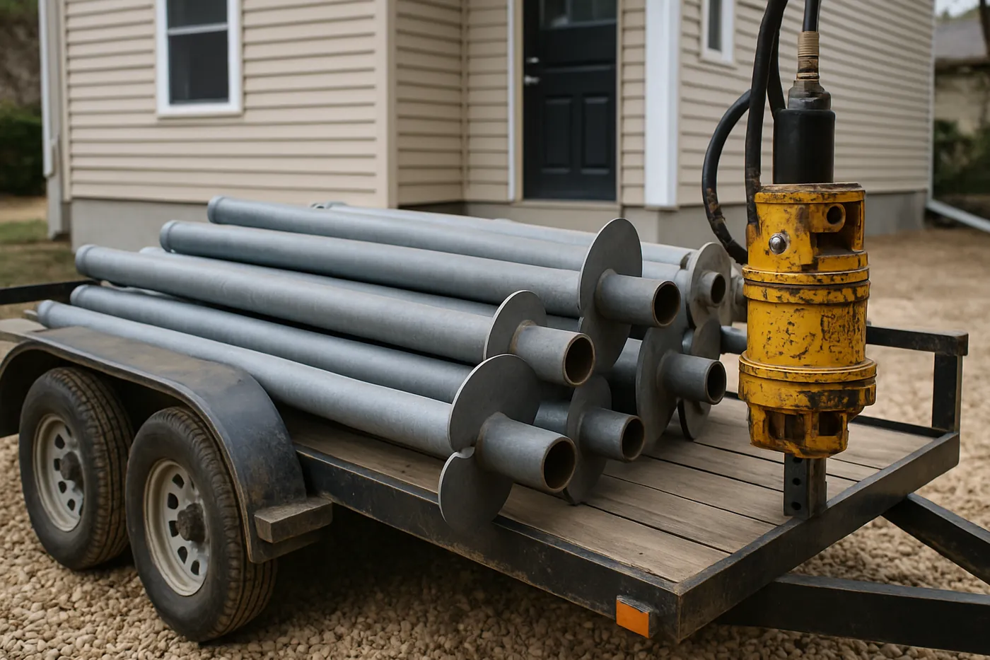 Helical pier sections and hydraulic torque drive staged at a Springfield job site
