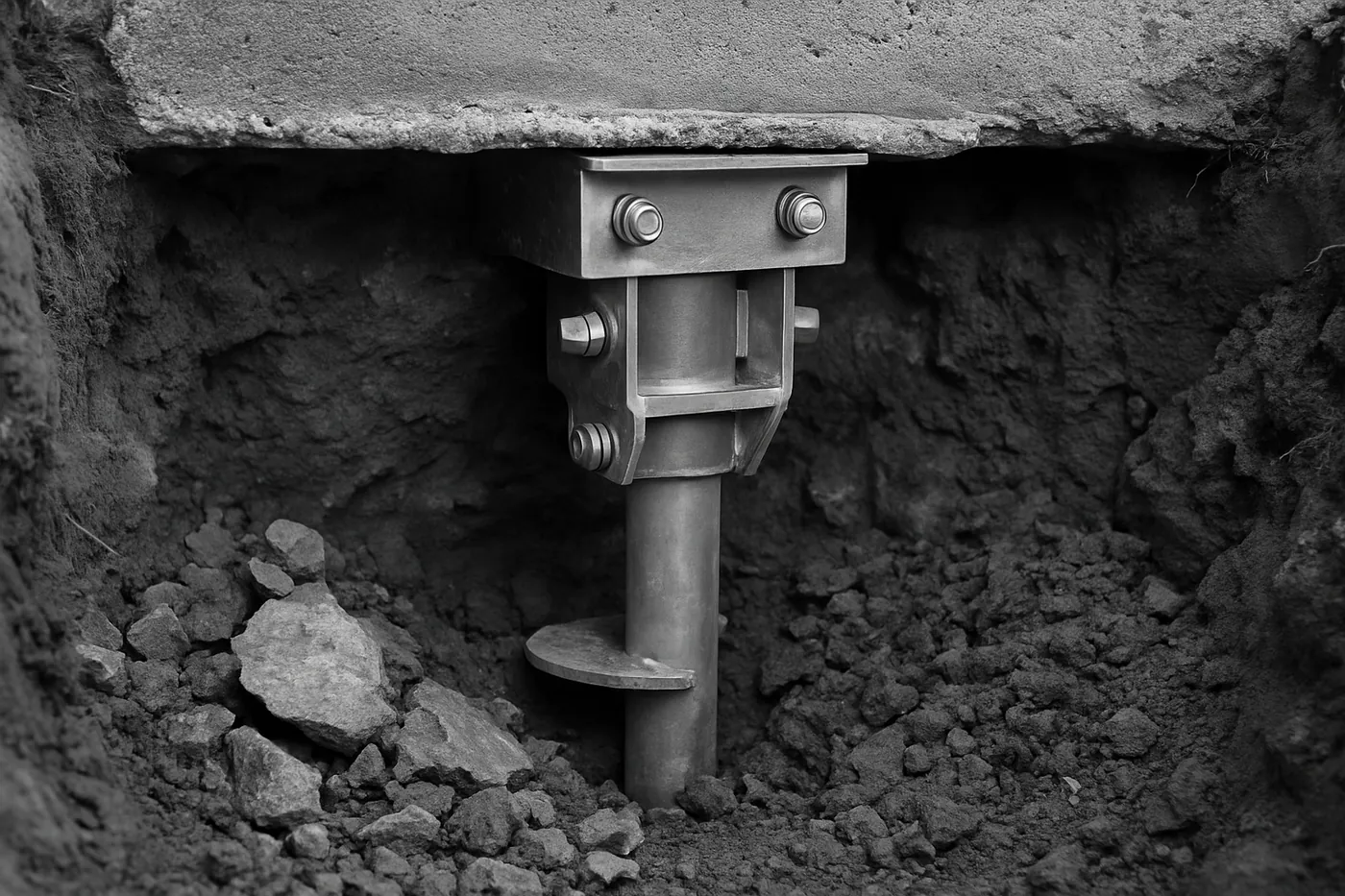 Helical pier bracket connected under a footing with limestone spoil visible in Springfield